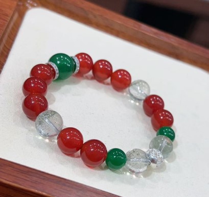 The Crimson Eden bracelet featuring Red Agate, Green Phantom Quartz, and Green Agate beads - Image 2